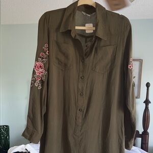 J for Justify Olive Green Button-Down Tunic with Pink Floral Embroidery